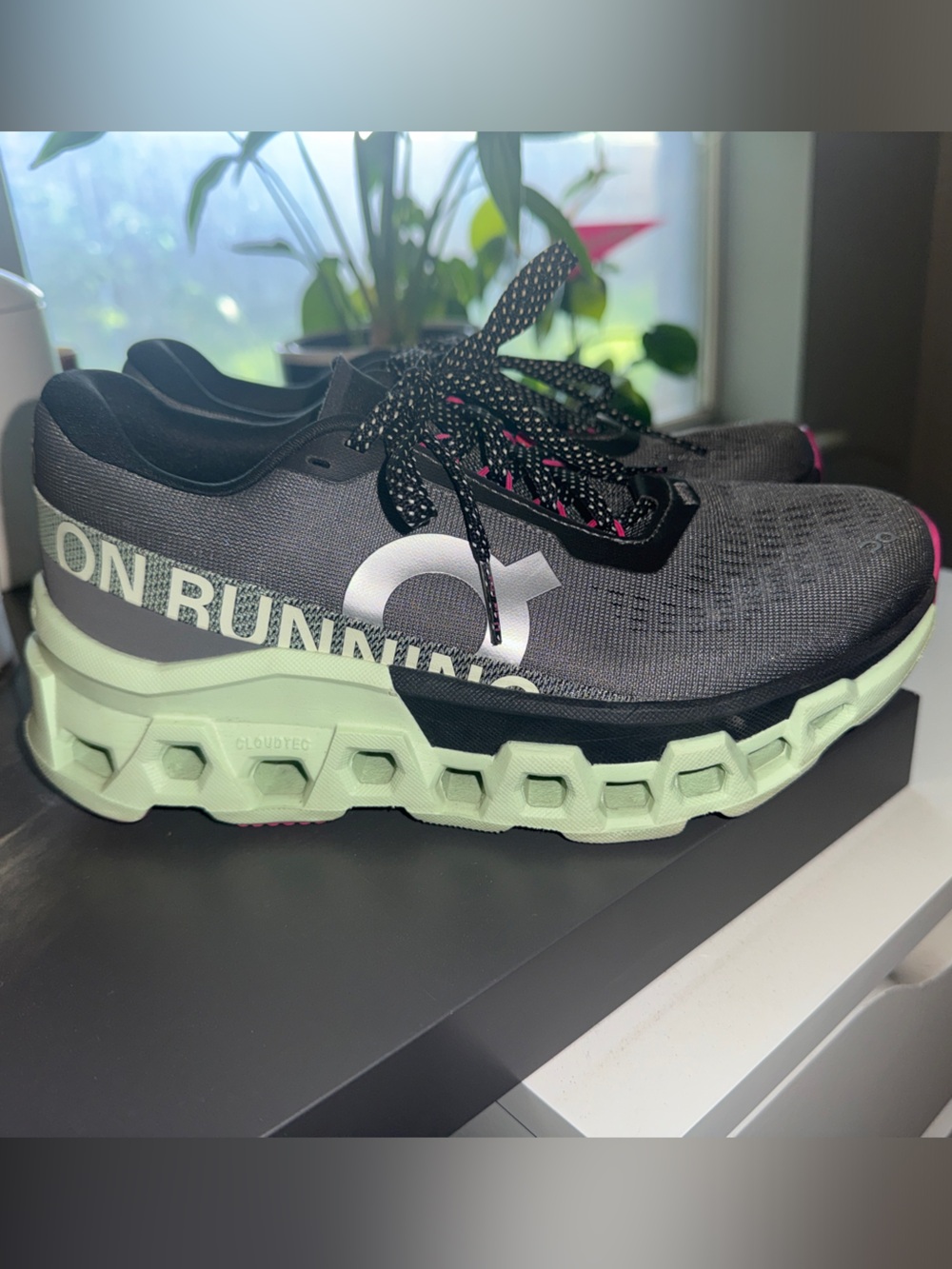 On Running Cloudmonster Running Shoe - Black with Mint Sole and Pink Accents 6.5